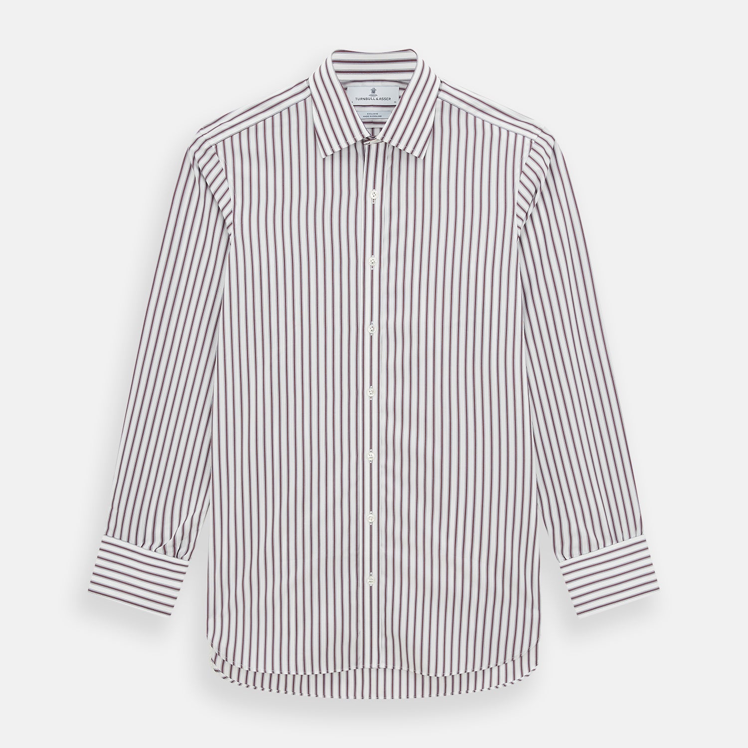 View 1 of product The Turnbull & Asser Burgundy Track Stripe Winston Shirt features long sleeves, classic collar, buttoned cuffs, and vertical white and dark maroon stripes—perfect for formal wear and shown laid flat against a white background.