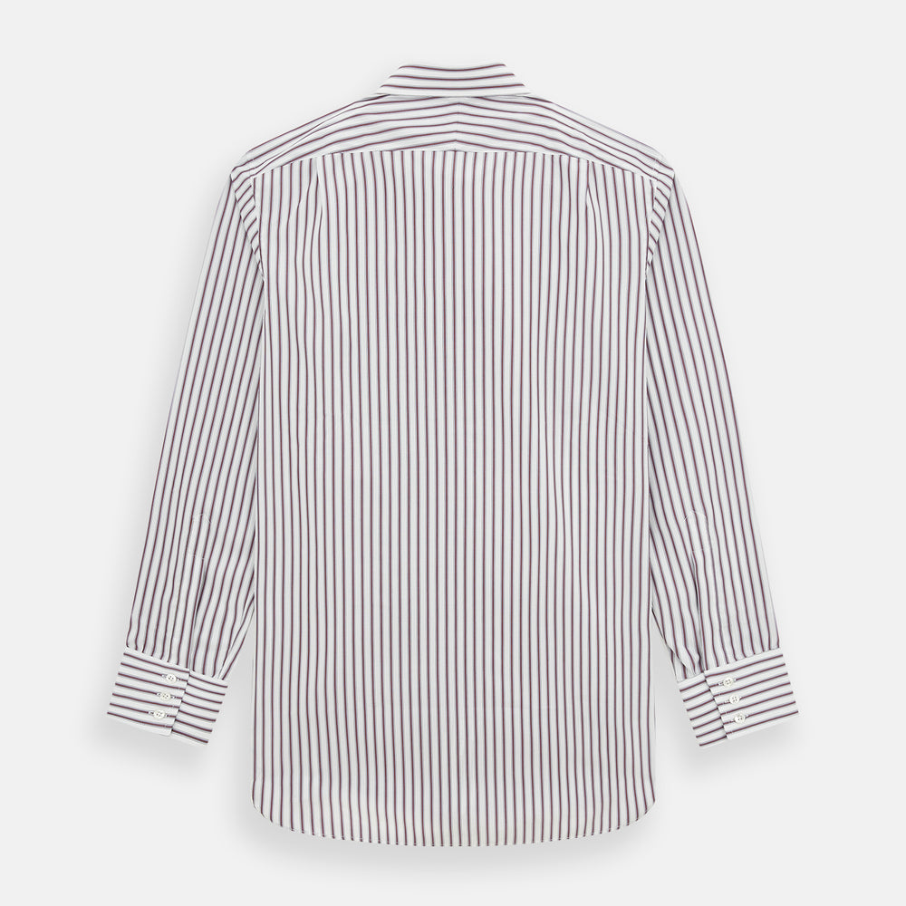 The Turnbull & Asser Burgundy Track Stripe Winston Shirt features long sleeves, classic collar, buttoned cuffs, and vertical white and dark maroon stripes—perfect for formal wear and shown laid flat against a white background.