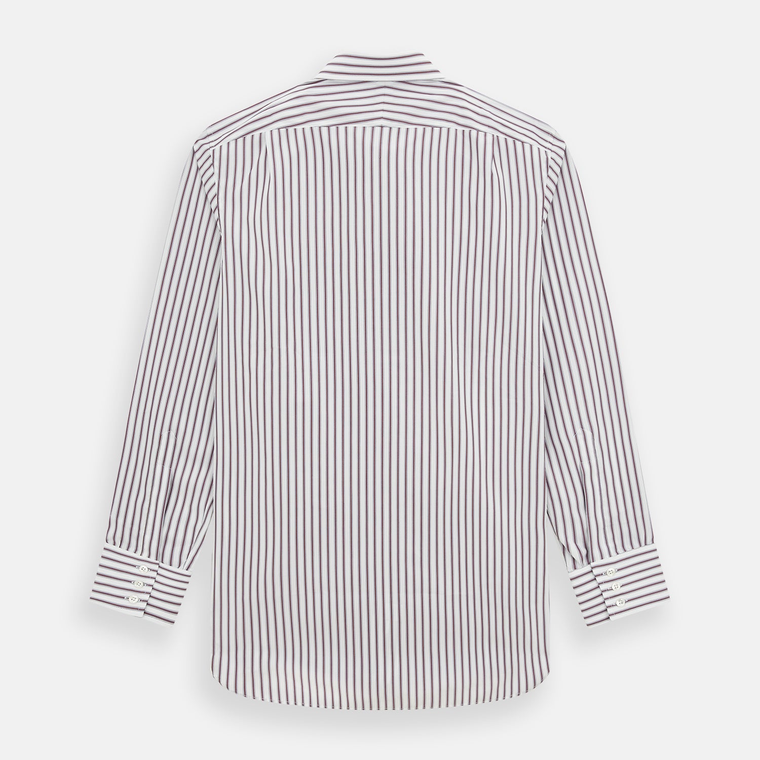 View 3 of product The Turnbull & Asser Burgundy Track Stripe Winston Shirt features long sleeves, classic collar, buttoned cuffs, and vertical white and dark maroon stripes—perfect for formal wear and shown laid flat against a white background.