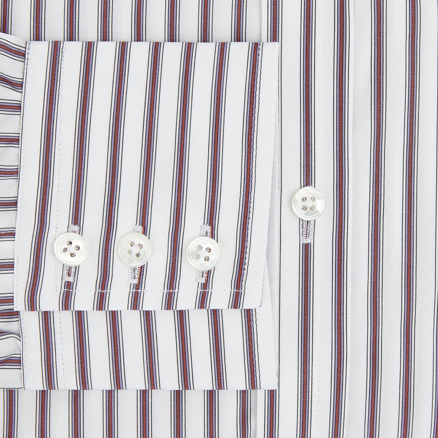 View 4 of product The Turnbull & Asser Burgundy Track Stripe Winston Shirt features long sleeves, classic collar, buttoned cuffs, and vertical white and dark maroon stripes—perfect for formal wear and shown laid flat against a white background.