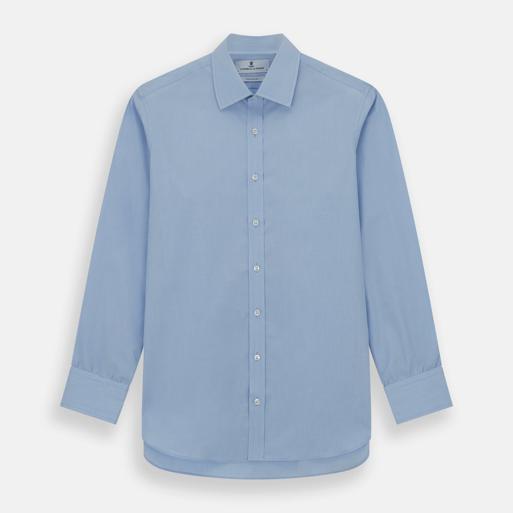 The Turnbull & Asser Light Blue End-on-End Shirt, featuring a T&A collar and 3-button cuffs, is laid flat on a white background—perfect for smart looks or complementing your favorite navy suit.
