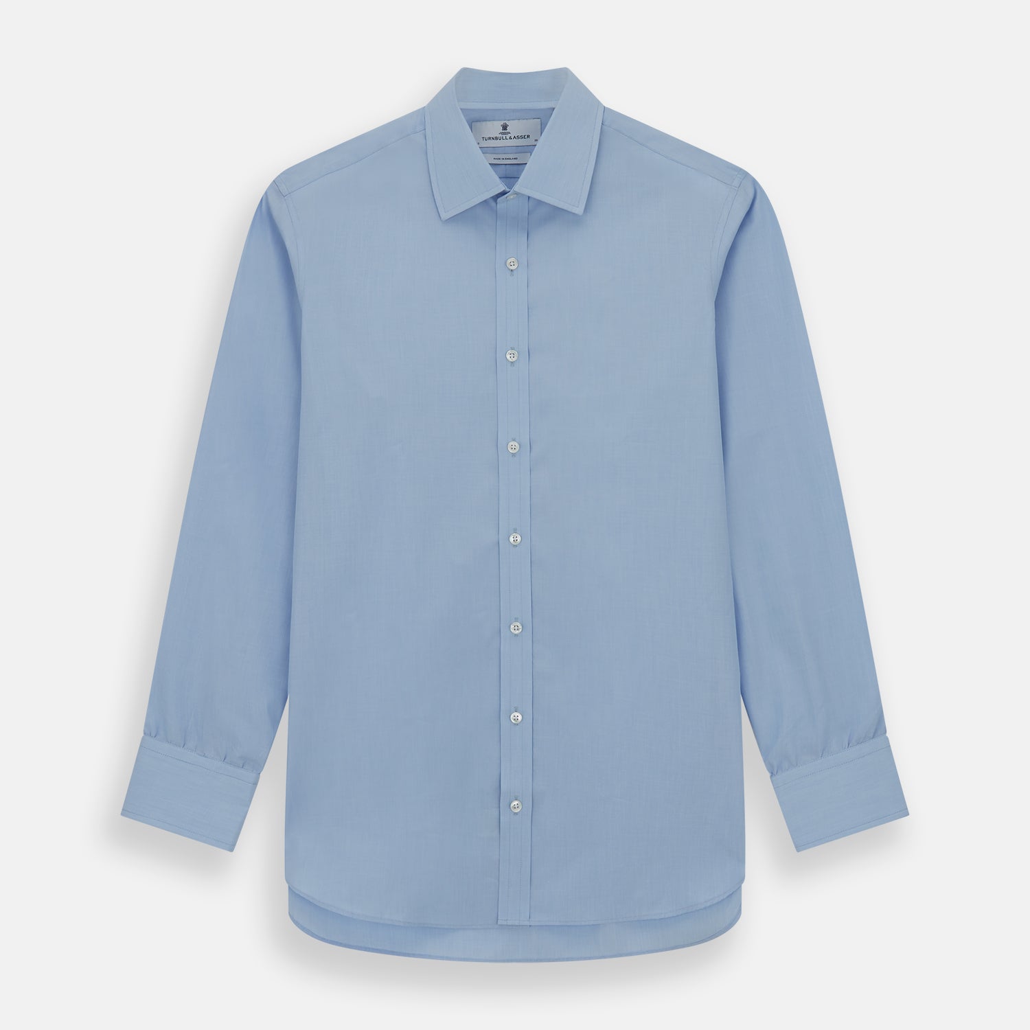 View 1 of product The Turnbull & Asser Light Blue End-on-End Shirt, featuring a T&A collar and 3-button cuffs, is laid flat on a white background—perfect for smart looks or complementing your favorite navy suit.
