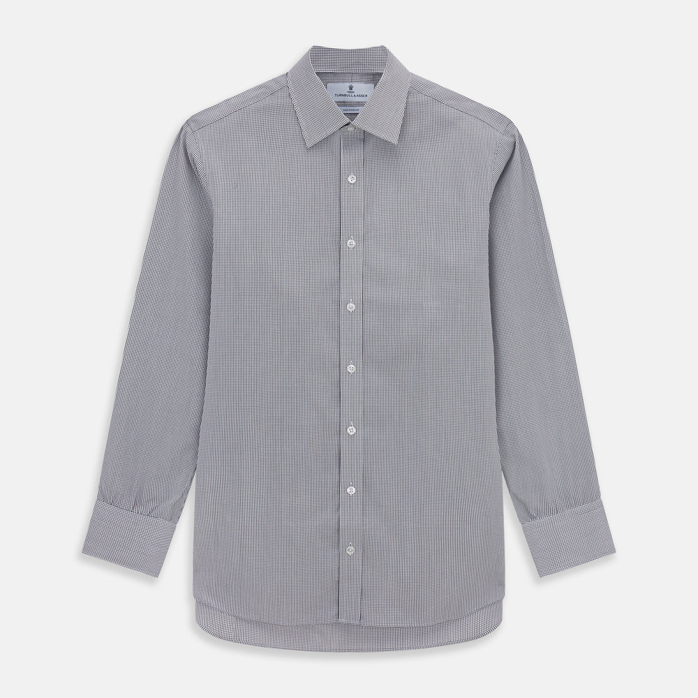 The Turnbull & Asser Dark Blue and White Graph Check Mayfair Shirt is a long-sleeve, button-up shirt with a pointed collar, shown on a plain white background.