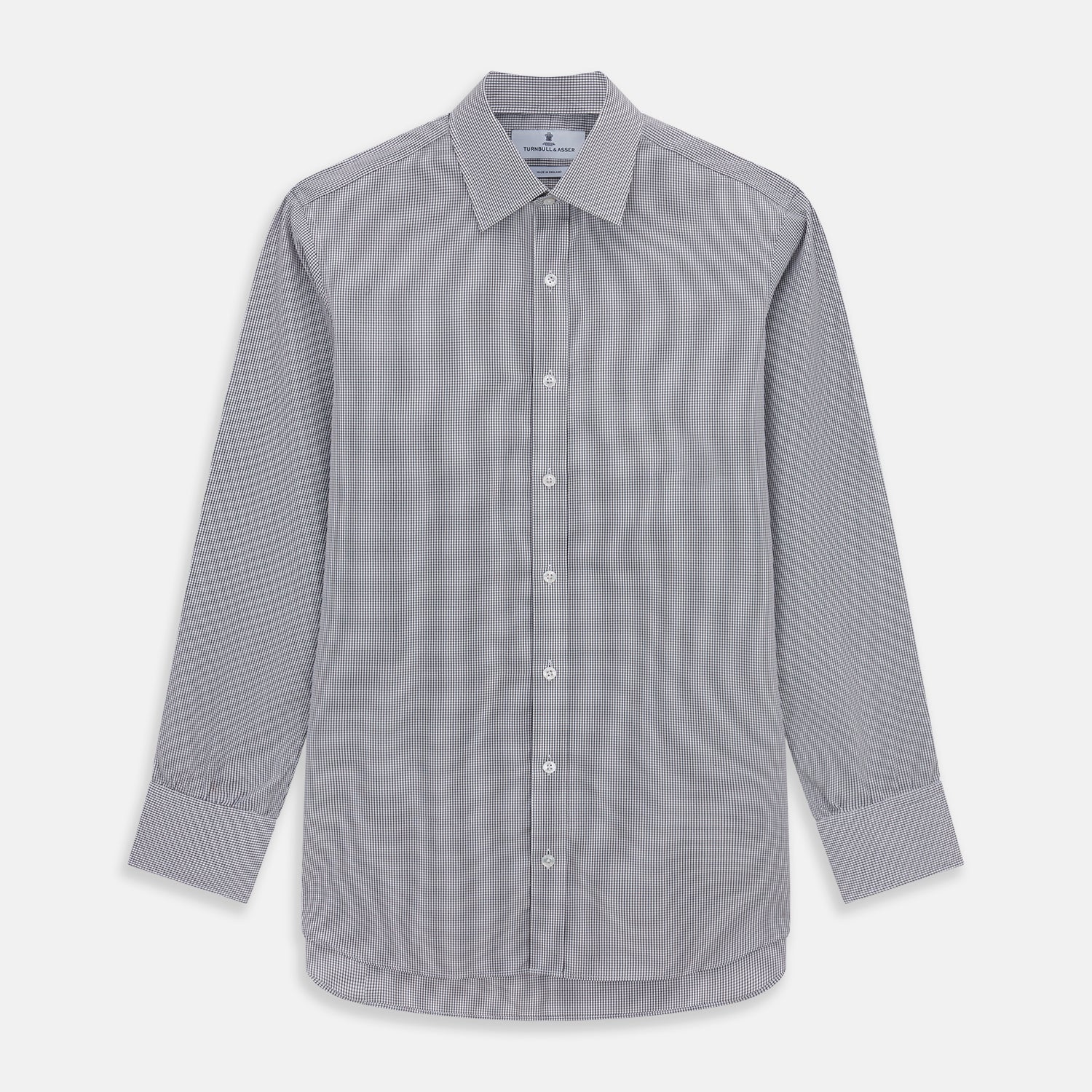 View 1 of product The Turnbull & Asser Dark Blue and White Graph Check Mayfair Shirt is a long-sleeve, button-up shirt with a pointed collar, shown on a plain white background.