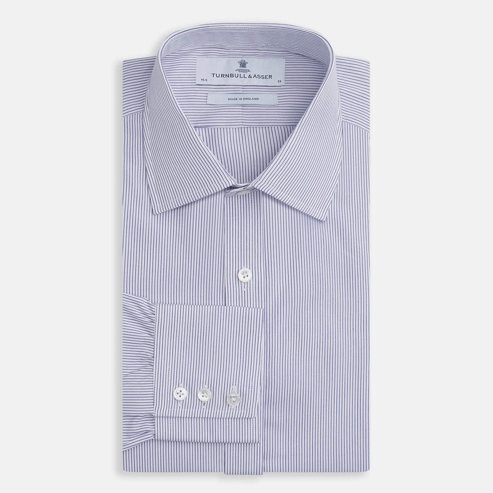 The Turnbull & Asser Blue Pinstripe Mayfair Shirt is a cotton poplin, long-sleeve button-down with a classic collar and white buttons, shown laid flat on a white background.
