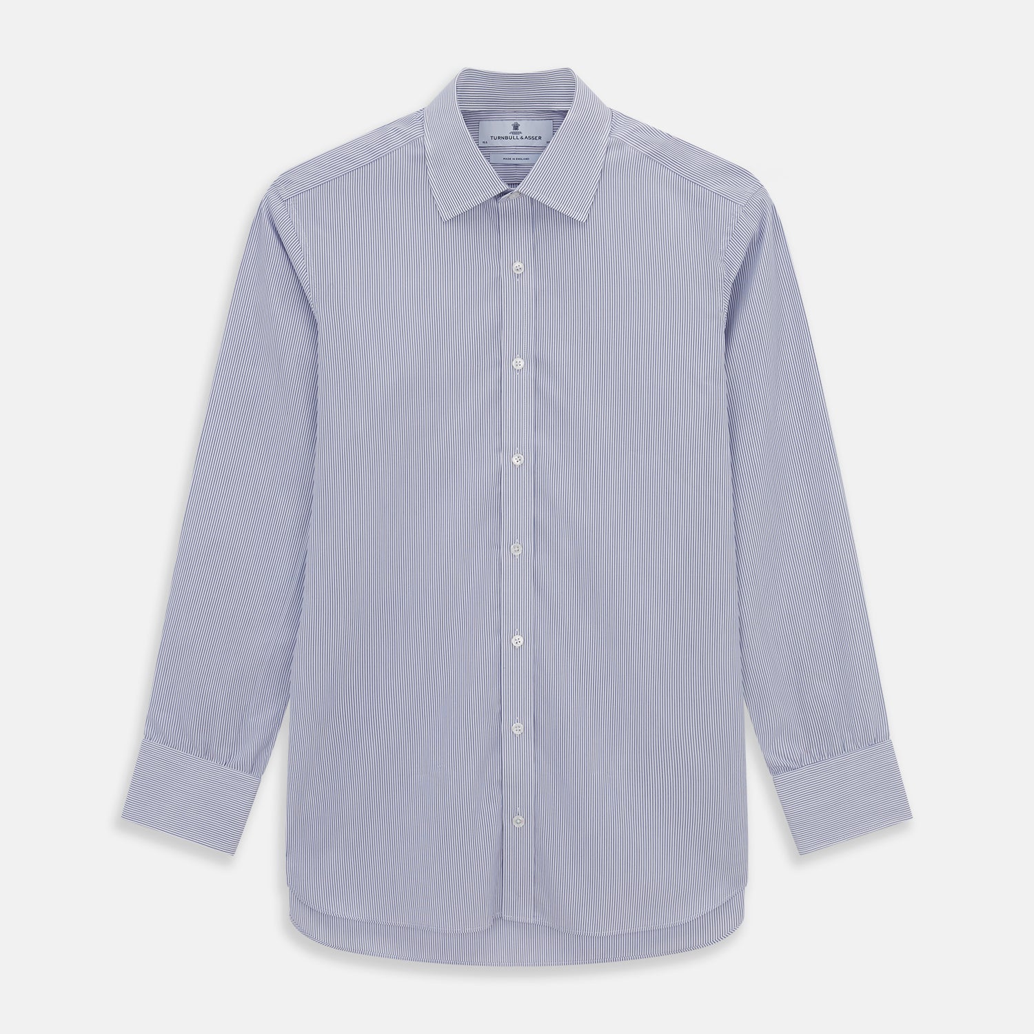 View 1 of product The Turnbull & Asser Blue Pinstripe Mayfair Shirt is a cotton poplin, long-sleeve button-down with a classic collar and white buttons, shown laid flat on a white background.