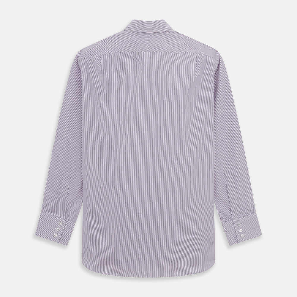 The Purple Pinstripe Mayfair Shirt by Turnbull & Asser is a light purple cotton poplin long-sleeve button-up with white stripes, a pointed collar, white buttons, and cuffed sleeves, shown laid flat on a white background.