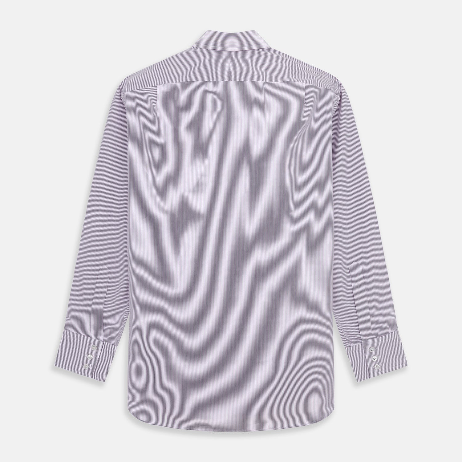 View 5 of product The Purple Pinstripe Mayfair Shirt by Turnbull & Asser is a light purple cotton poplin long-sleeve button-up with white stripes, a pointed collar, white buttons, and cuffed sleeves, shown laid flat on a white background.