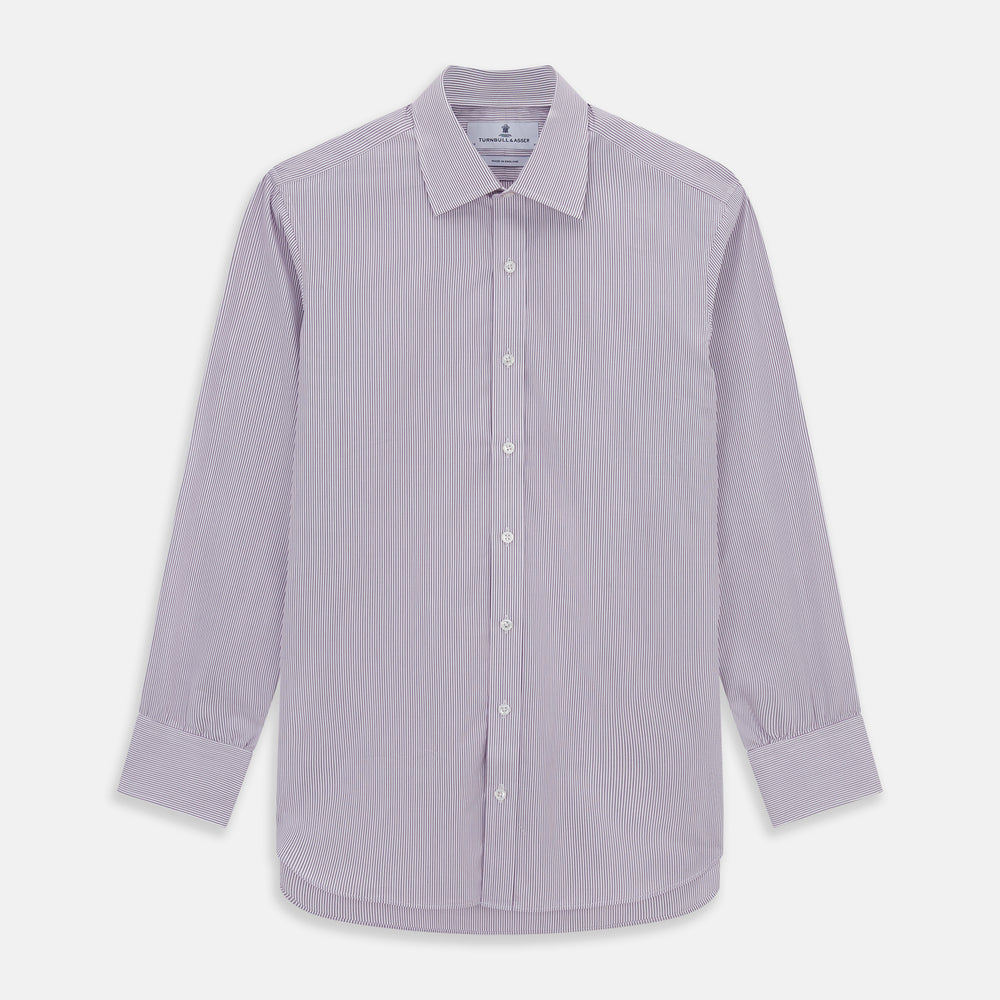 The Purple Pinstripe Mayfair Shirt by Turnbull & Asser is a light purple cotton poplin long-sleeve button-up with white stripes, a pointed collar, white buttons, and cuffed sleeves, shown laid flat on a white background.