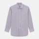 The Purple Pinstripe Mayfair Shirt by Turnbull & Asser is a light purple cotton poplin long-sleeve button-up with white stripes, a pointed collar, white buttons, and cuffed sleeves, shown laid flat on a white background.
