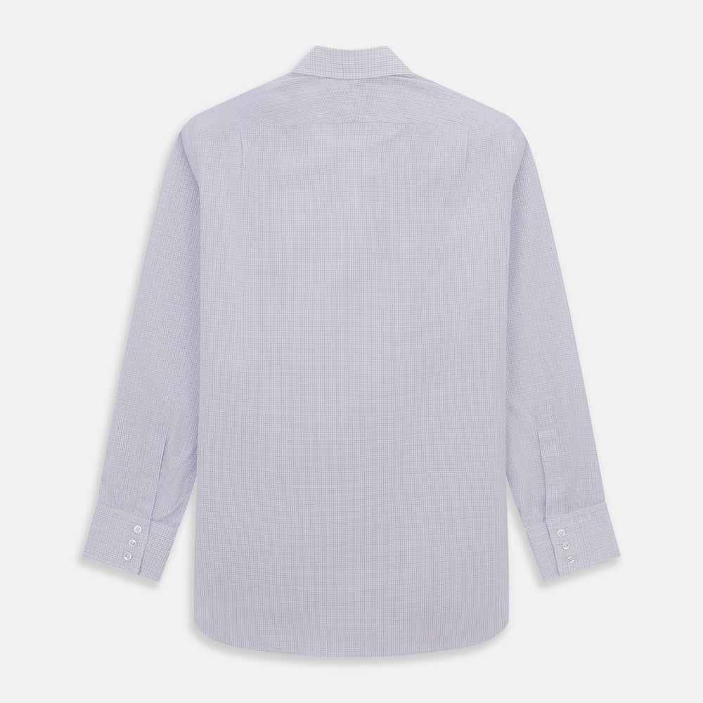 The Turnbull & Asser Red and Blue Tattersall Check Mayfair Shirt features long sleeves, cotton poplin fabric, a pointed collar, and buttoned cuffs, displayed flat on a white background.