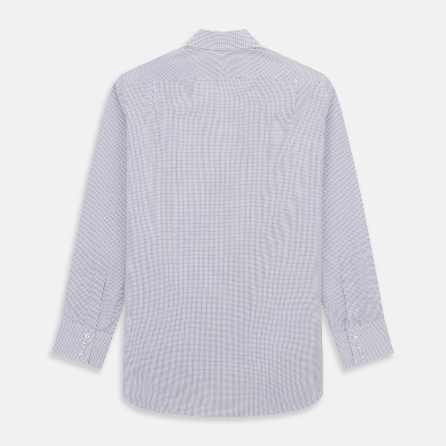 View 5 of product The Turnbull & Asser Red and Blue Tattersall Check Mayfair Shirt features long sleeves, cotton poplin fabric, a pointed collar, and buttoned cuffs, displayed flat on a white background.