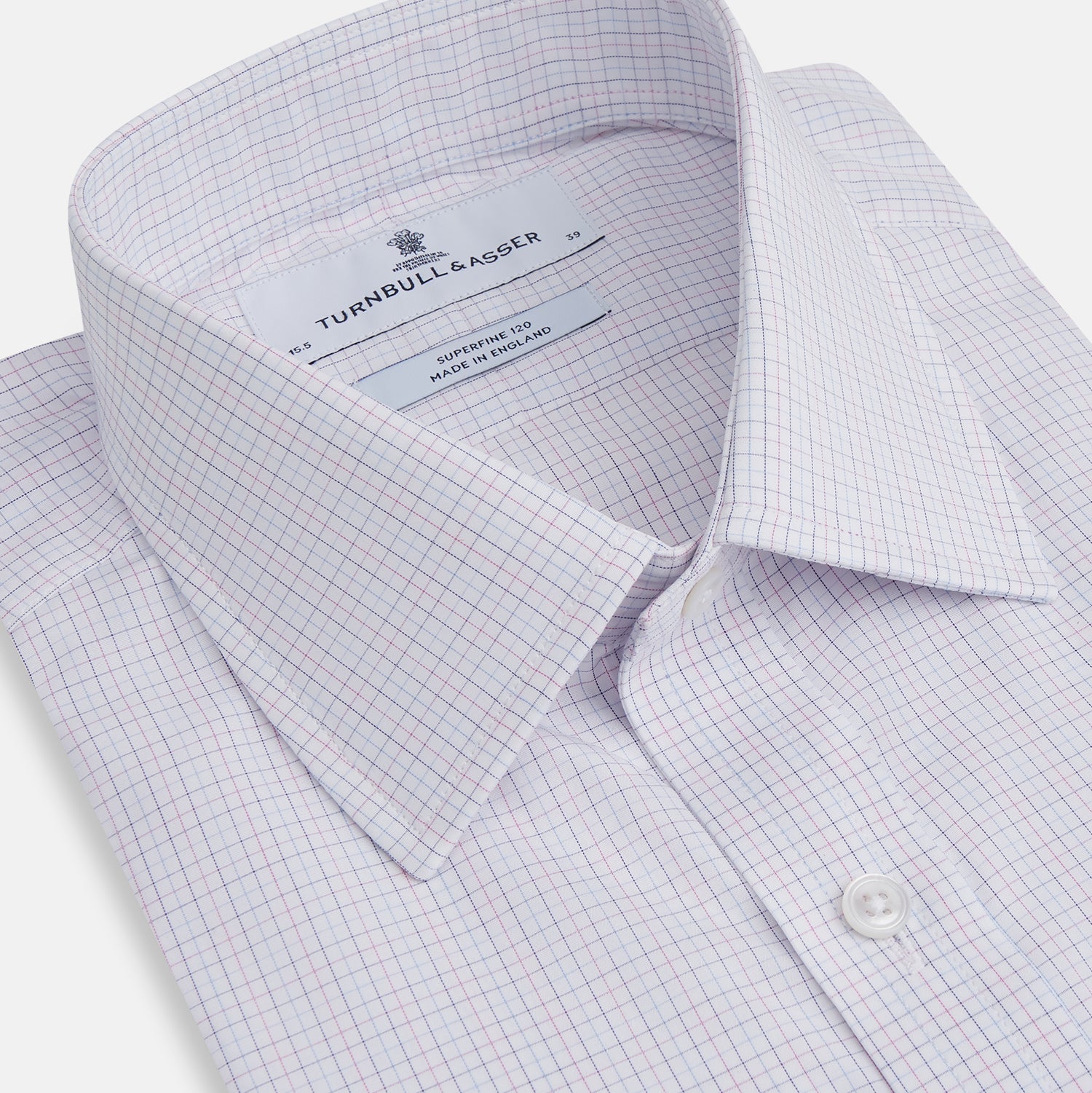 View 2 of product The Turnbull & Asser Red and Blue Tattersall Check Mayfair Shirt features long sleeves, cotton poplin fabric, a pointed collar, and buttoned cuffs, displayed flat on a white background.