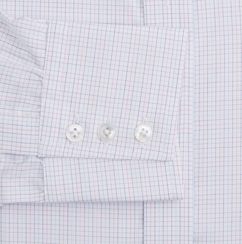 The Turnbull & Asser Red and Blue Tattersall Check Mayfair Shirt features long sleeves, cotton poplin fabric, a pointed collar, and buttoned cuffs, displayed flat on a white background.