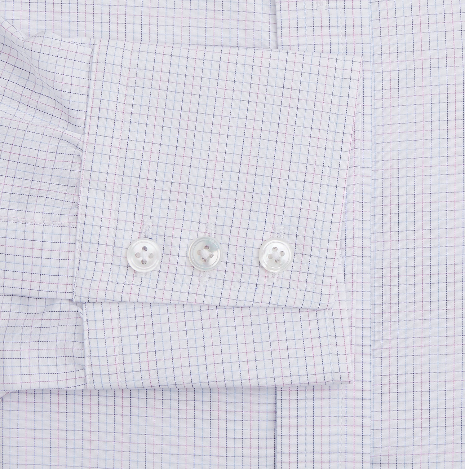 View 3 of product The Turnbull & Asser Red and Blue Tattersall Check Mayfair Shirt features long sleeves, cotton poplin fabric, a pointed collar, and buttoned cuffs, displayed flat on a white background.