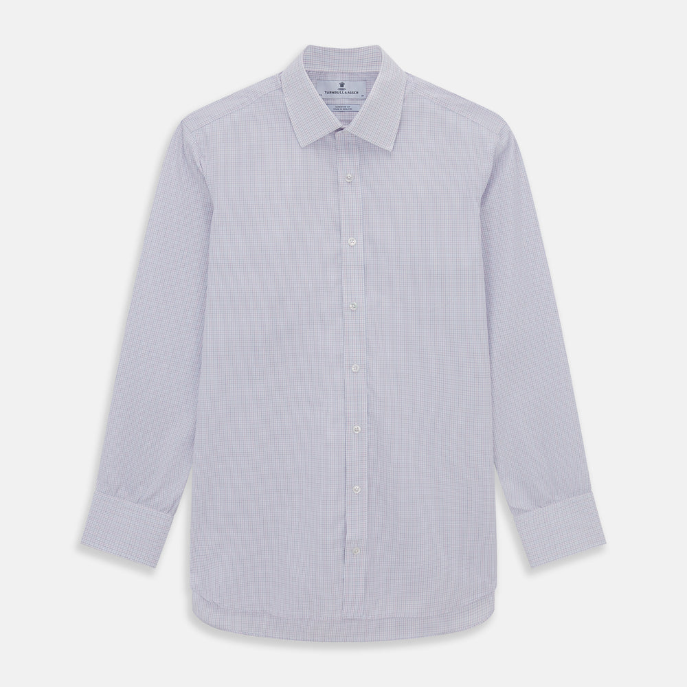 The Turnbull & Asser Red and Blue Tattersall Check Mayfair Shirt features long sleeves, cotton poplin fabric, a pointed collar, and buttoned cuffs, displayed flat on a white background.