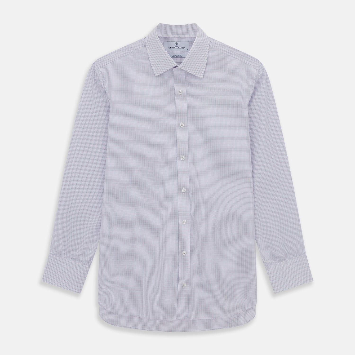 View 1 of product The Turnbull & Asser Red and Blue Tattersall Check Mayfair Shirt features long sleeves, cotton poplin fabric, a pointed collar, and buttoned cuffs, displayed flat on a white background.