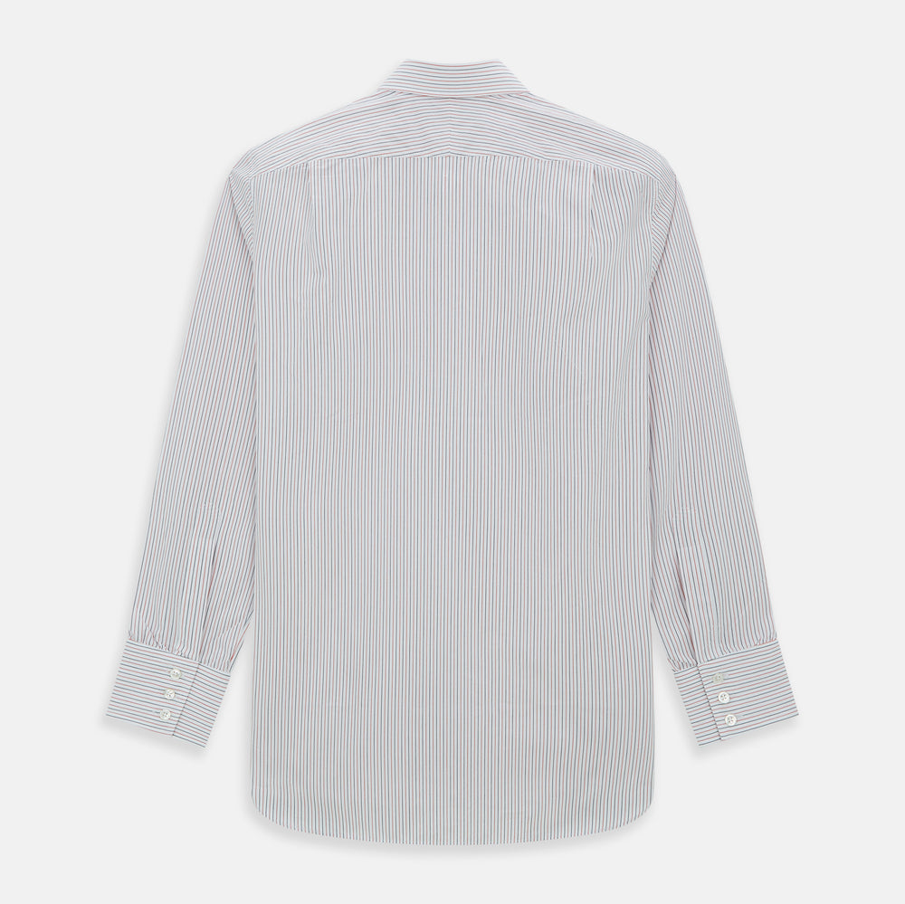 The Turnbull & Asser Red and Navy Pinstripe Mayfair Shirt, an organic cotton long-sleeve button-up with a collar, features thin vertical red and navy pinstripes on white, shown laid flat on a white surface.