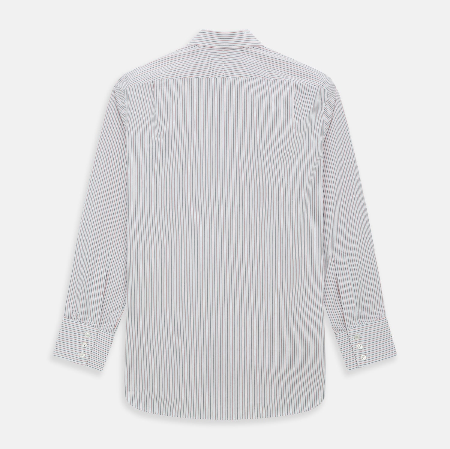 View 6 of product The Turnbull & Asser Red and Navy Pinstripe Mayfair Shirt, an organic cotton long-sleeve button-up with a collar, features thin vertical red and navy pinstripes on white, shown laid flat on a white surface.