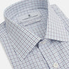View 2 of product The Blue Double Graph Check Mayfair Shirt by Turnbull & Asser is a long-sleeved, classic-collar, button-up made from organic cotton with a left chest pocket, shown on a white background.