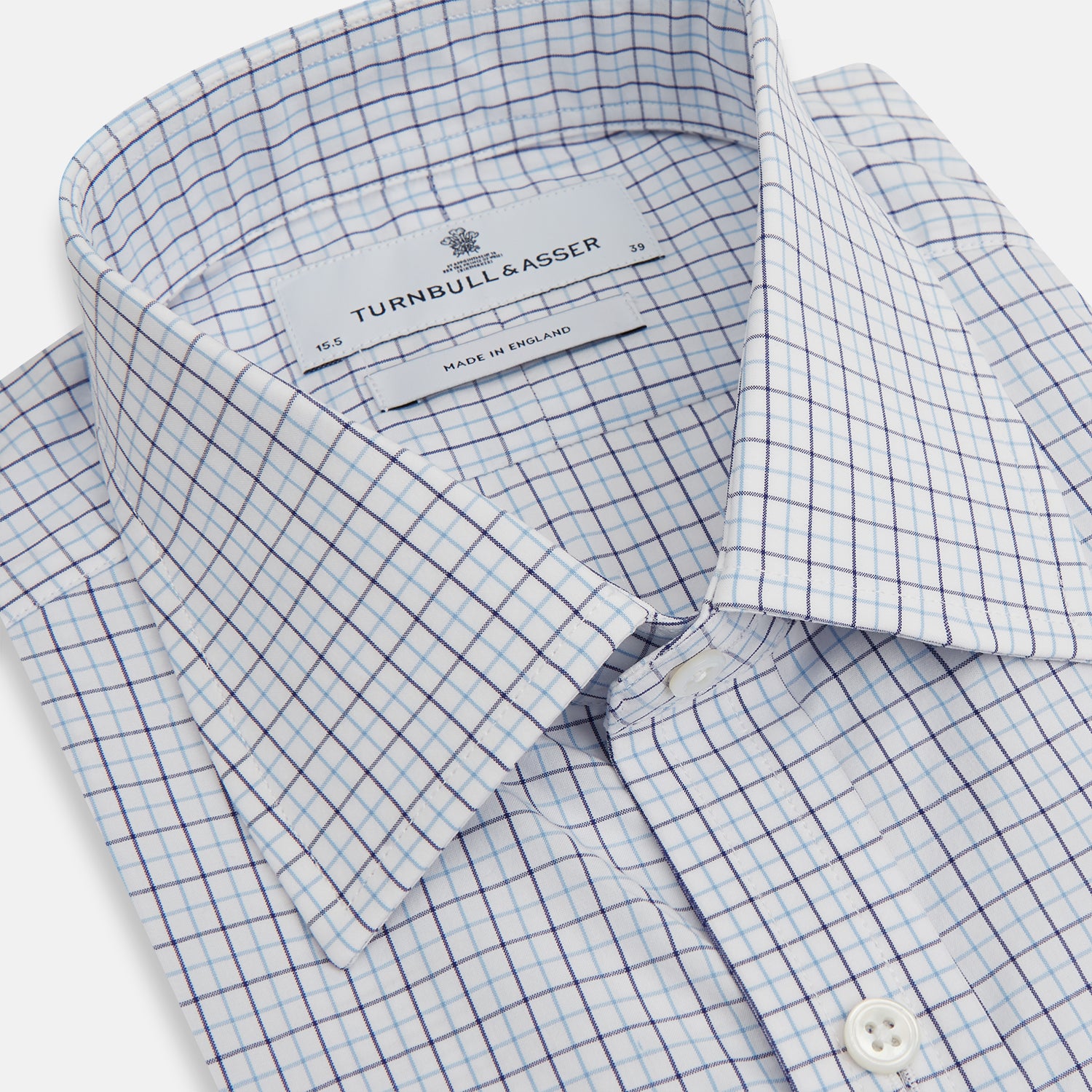 View 2 of product The Blue Double Graph Check Mayfair Shirt by Turnbull & Asser is a long-sleeved, classic-collar, button-up made from organic cotton with a left chest pocket, shown on a white background.