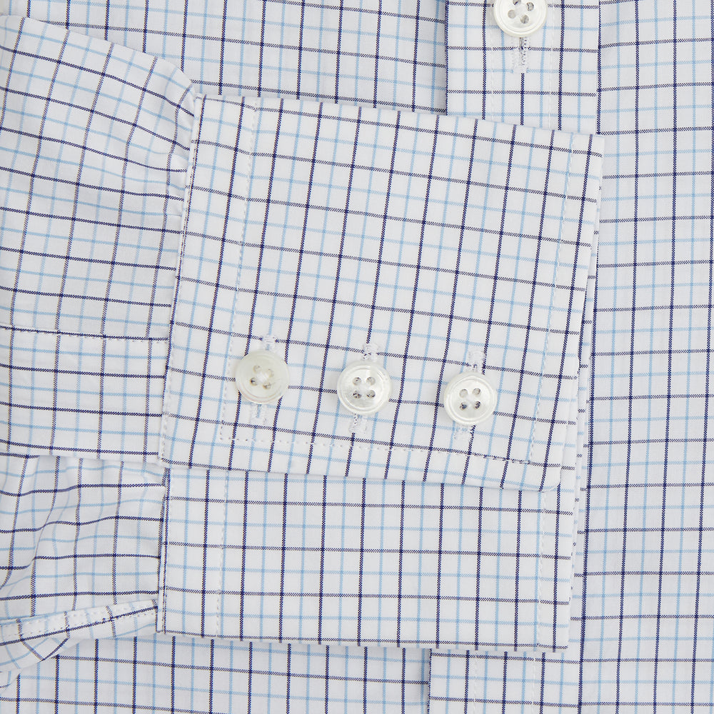The Blue Double Graph Check Mayfair Shirt by Turnbull & Asser is a long-sleeved, classic-collar, button-up made from organic cotton with a left chest pocket, shown on a white background.