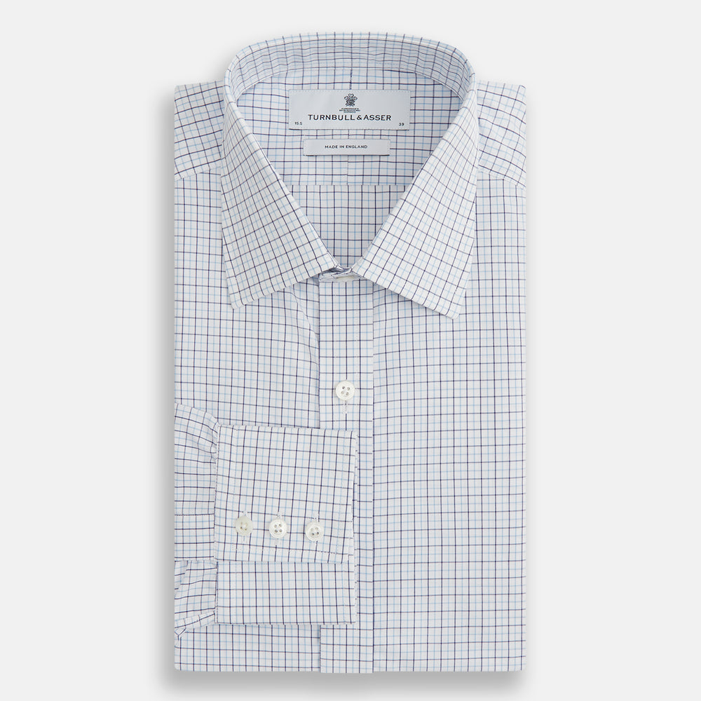 The Blue Double Graph Check Mayfair Shirt by Turnbull & Asser is a long-sleeved, classic-collar, button-up made from organic cotton with a left chest pocket, shown on a white background.