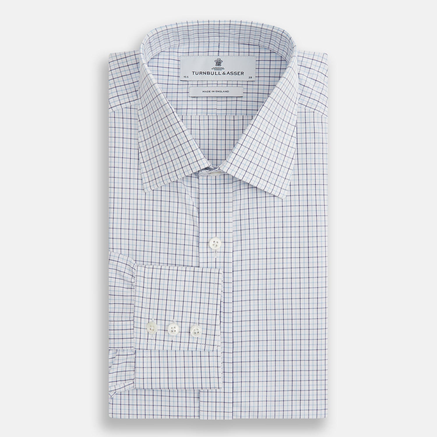 View 4 of product The Blue Double Graph Check Mayfair Shirt by Turnbull & Asser is a long-sleeved, classic-collar, button-up made from organic cotton with a left chest pocket, shown on a white background.