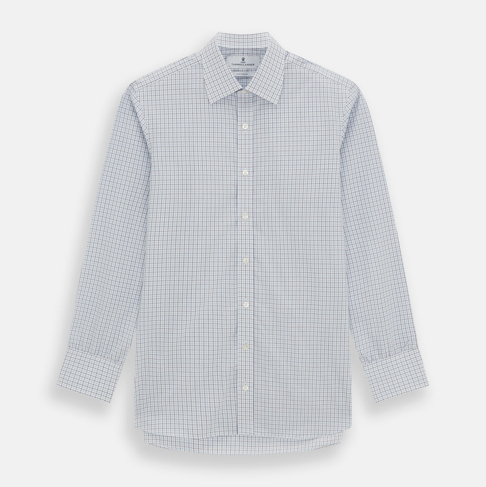 The Blue Double Graph Check Mayfair Shirt by Turnbull & Asser is a long-sleeved, classic-collar, button-up made from organic cotton with a left chest pocket, shown on a white background.