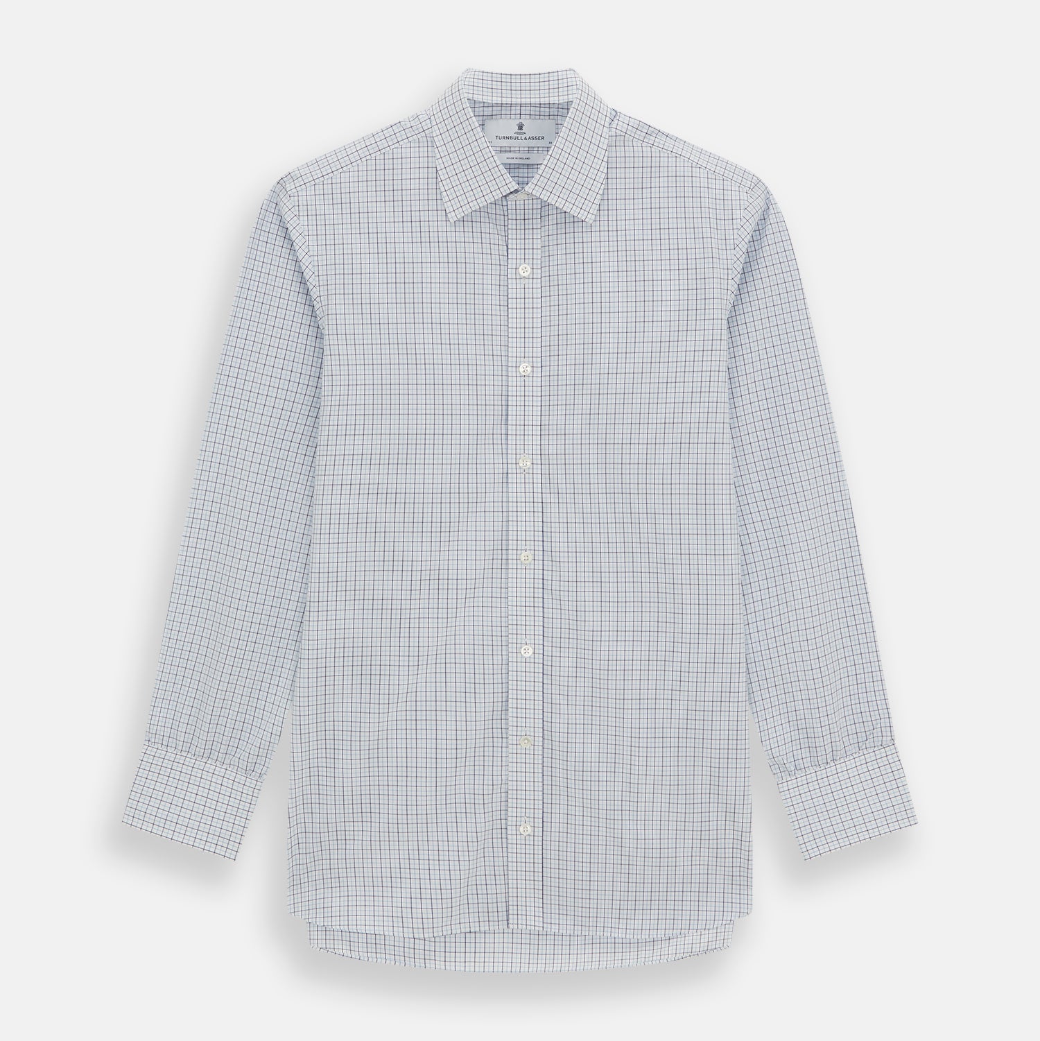 View 1 of product The Blue Double Graph Check Mayfair Shirt by Turnbull & Asser is a long-sleeved, classic-collar, button-up made from organic cotton with a left chest pocket, shown on a white background.