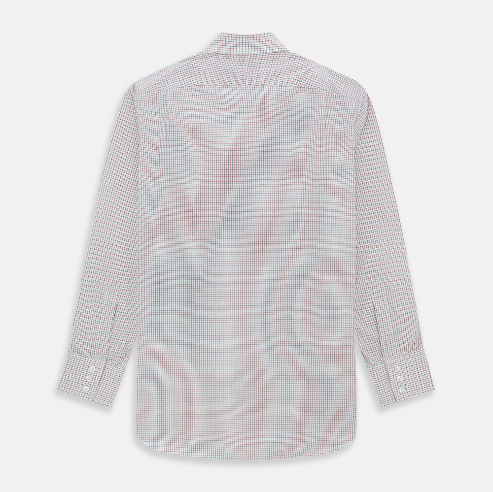 The Turnbull & Asser Red and Navy Graph Check Mayfair Shirt is a long-sleeved organic cotton button-up featuring a collar, buttoned cuffs, and a small red and navy check pattern, shown against a plain white background.