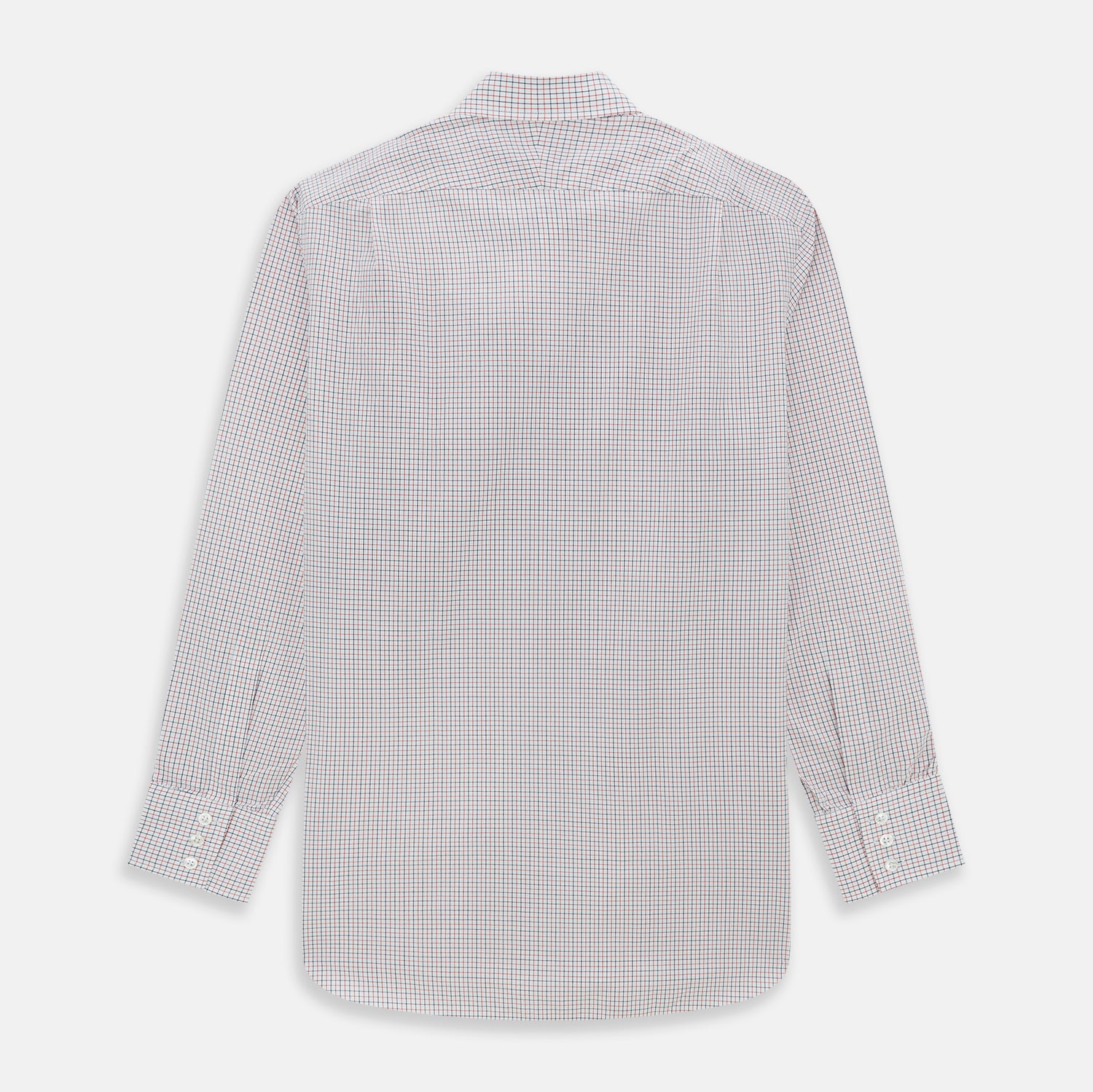 View 5 of product The Turnbull & Asser Red and Navy Graph Check Mayfair Shirt is a long-sleeved organic cotton button-up featuring a collar, buttoned cuffs, and a small red and navy check pattern, shown against a plain white background.