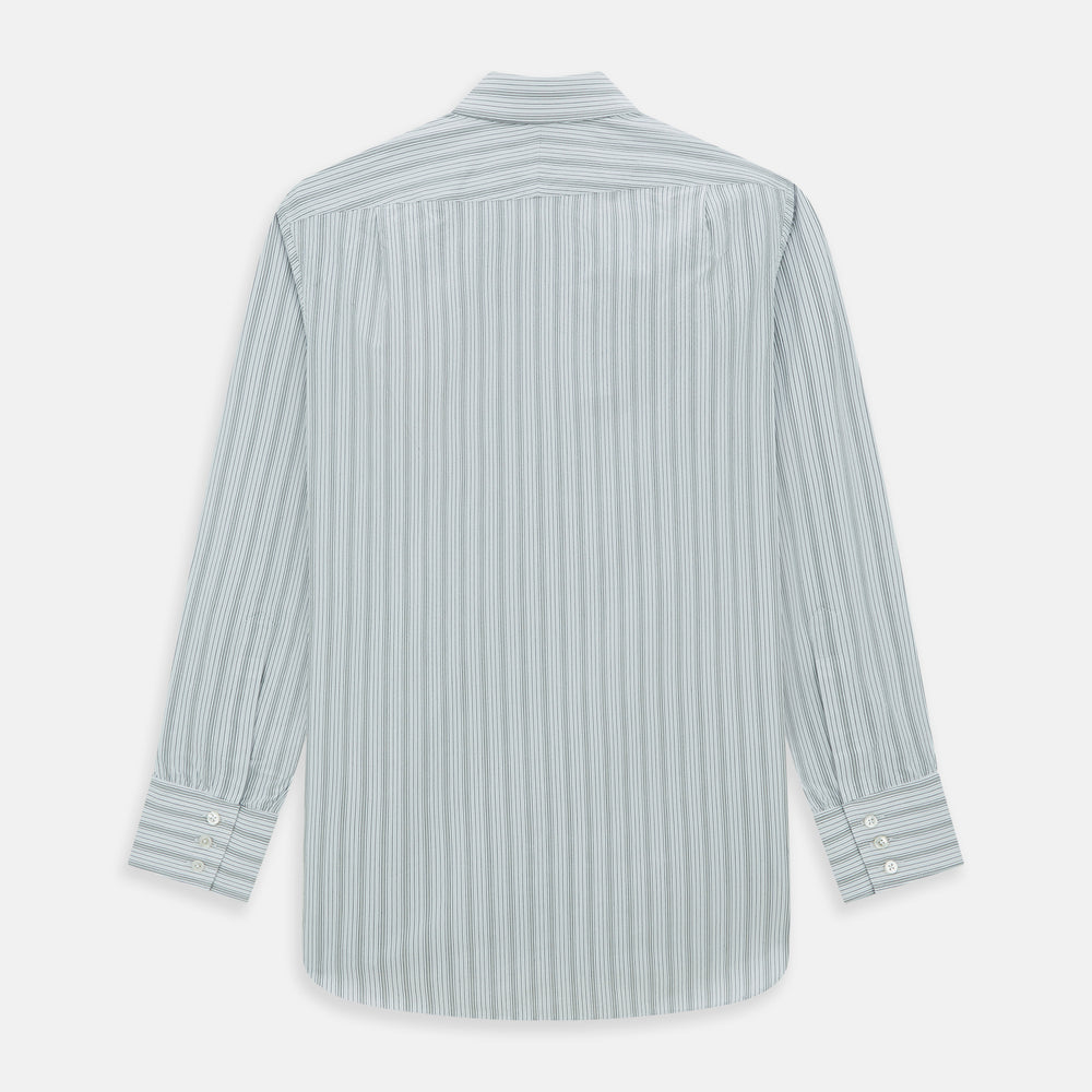 Grey Fine Track Stripe Mayfair Shirt by Turnbull & Asser, featuring breathable cotton with a T&A collar and buttoned cuffs, shown laid flat on a white background.