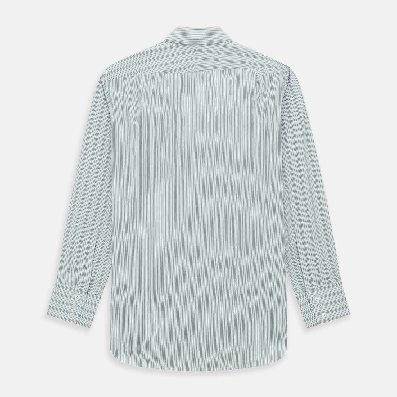 View 6 of product Grey Fine Track Stripe Mayfair Shirt by Turnbull & Asser, featuring breathable cotton with a T&A collar and buttoned cuffs, shown laid flat on a white background.