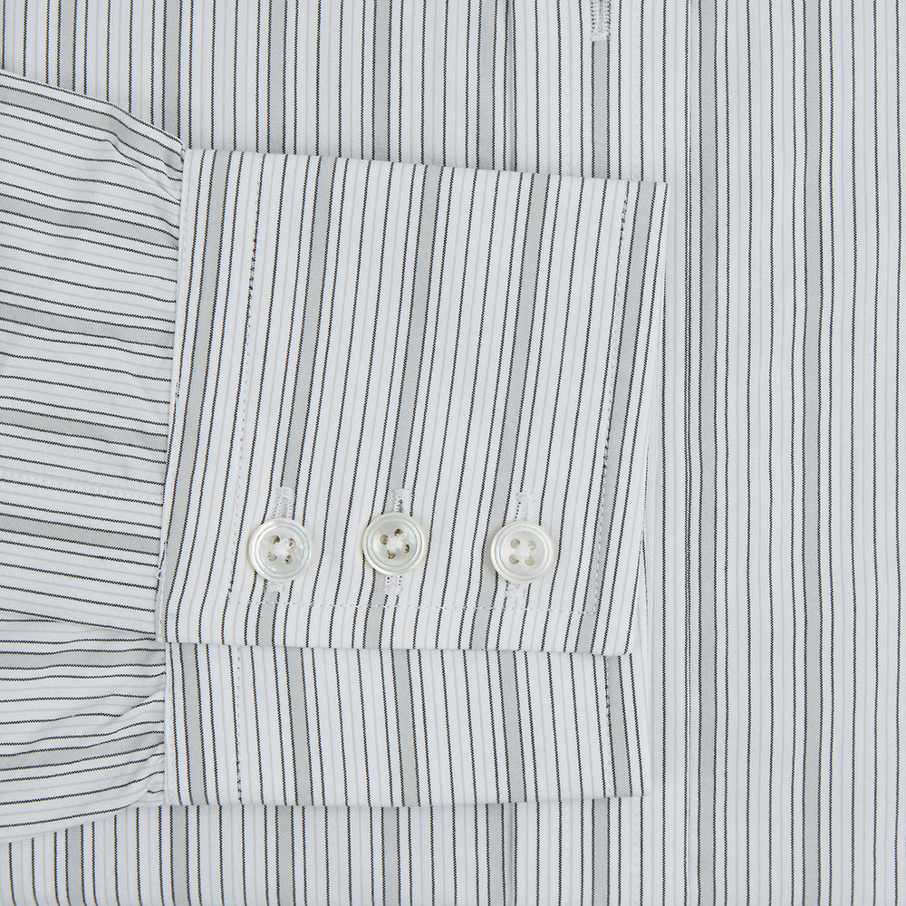 Grey Fine Track Stripe Mayfair Shirt by Turnbull & Asser, featuring breathable cotton with a T&A collar and buttoned cuffs, shown laid flat on a white background.