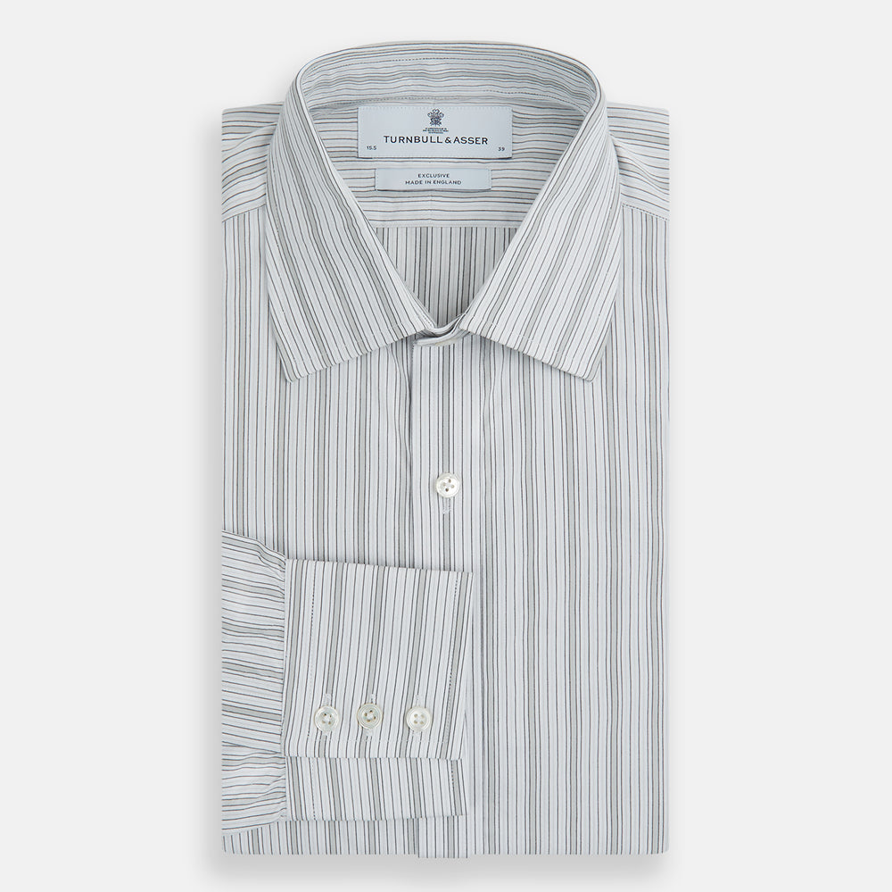 Grey Fine Track Stripe Mayfair Shirt by Turnbull & Asser, featuring breathable cotton with a T&A collar and buttoned cuffs, shown laid flat on a white background.