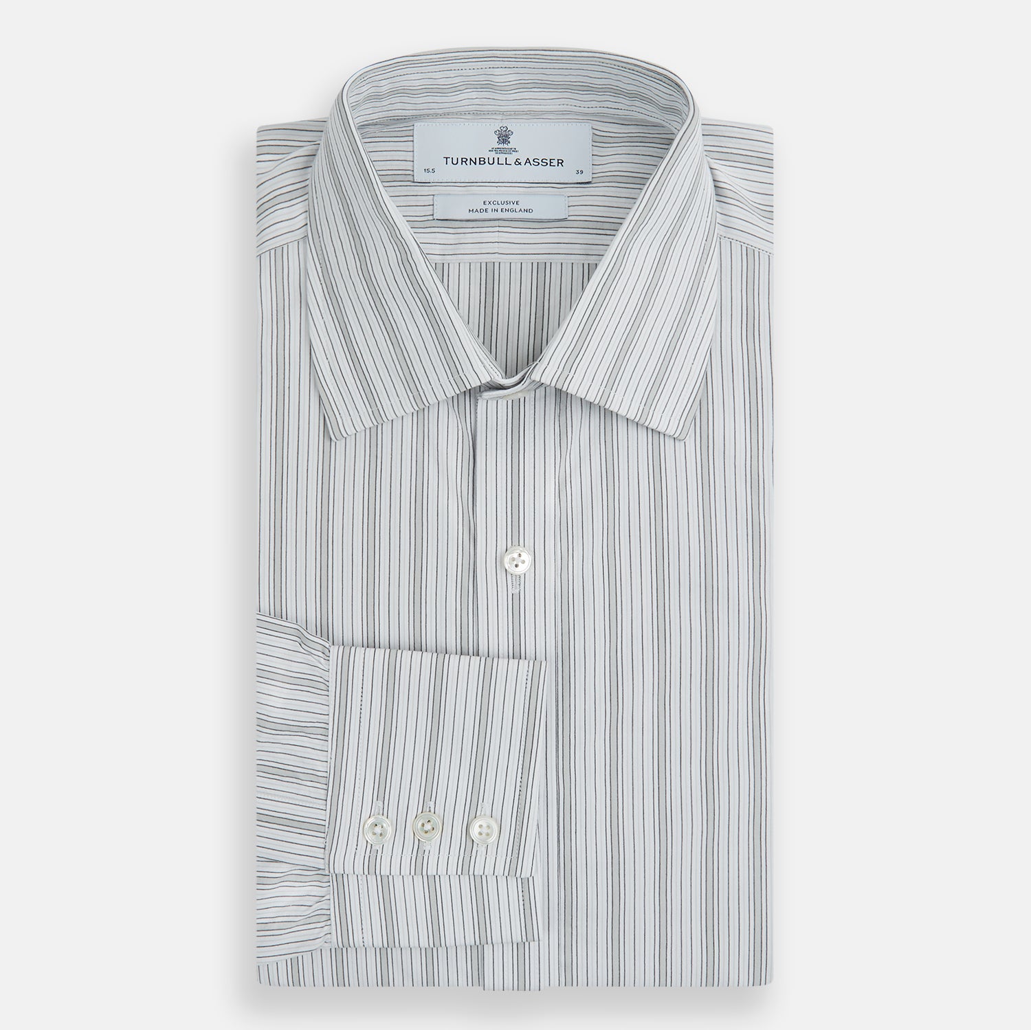 View 4 of product Grey Fine Track Stripe Mayfair Shirt by Turnbull & Asser, featuring breathable cotton with a T&A collar and buttoned cuffs, shown laid flat on a white background.