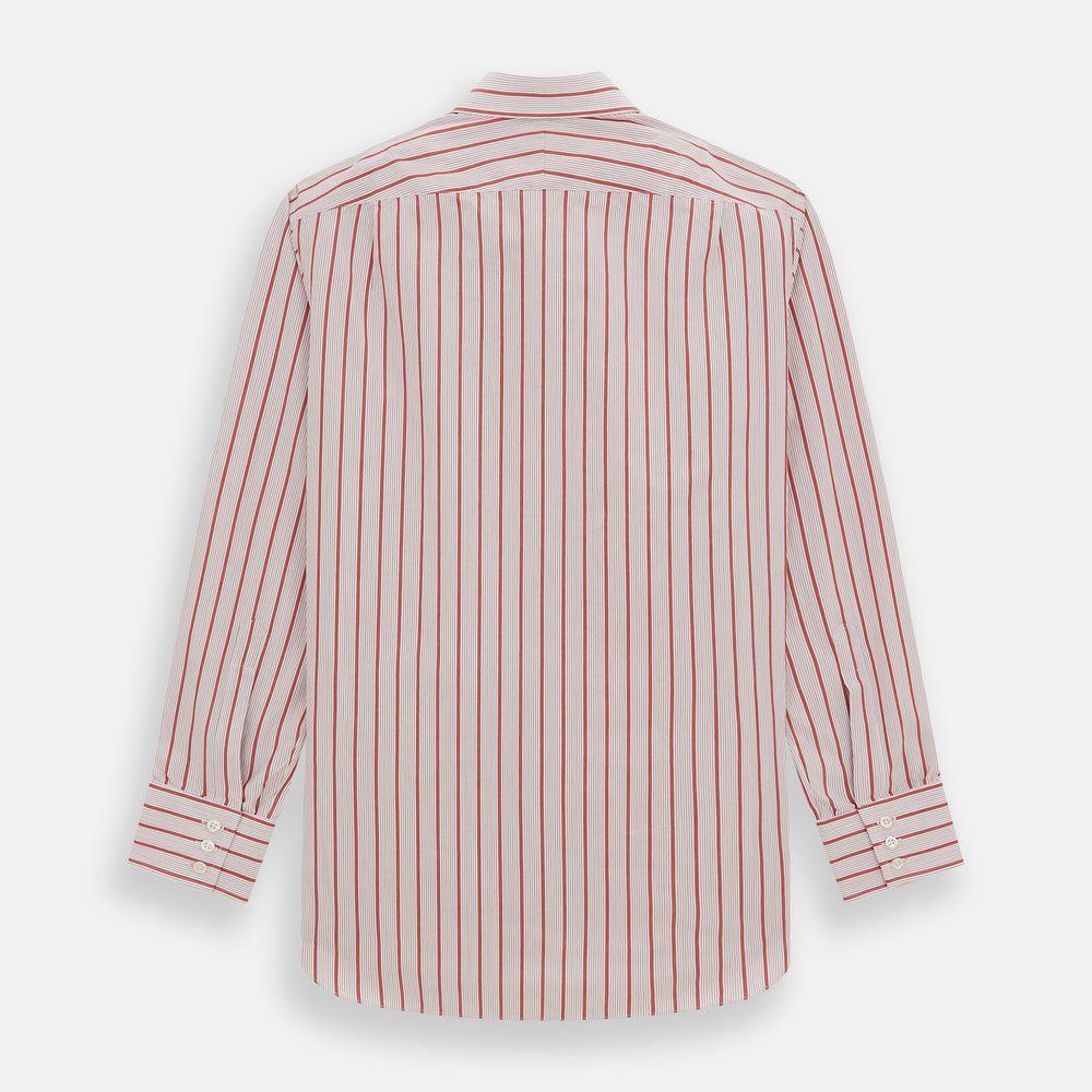 The Red Multi Track Stripe Mayfair Shirt by Turnbull & Asser is a long-sleeved, collared button-up featuring vertical red stripes on white and horizontal red stripes on the cuffs.