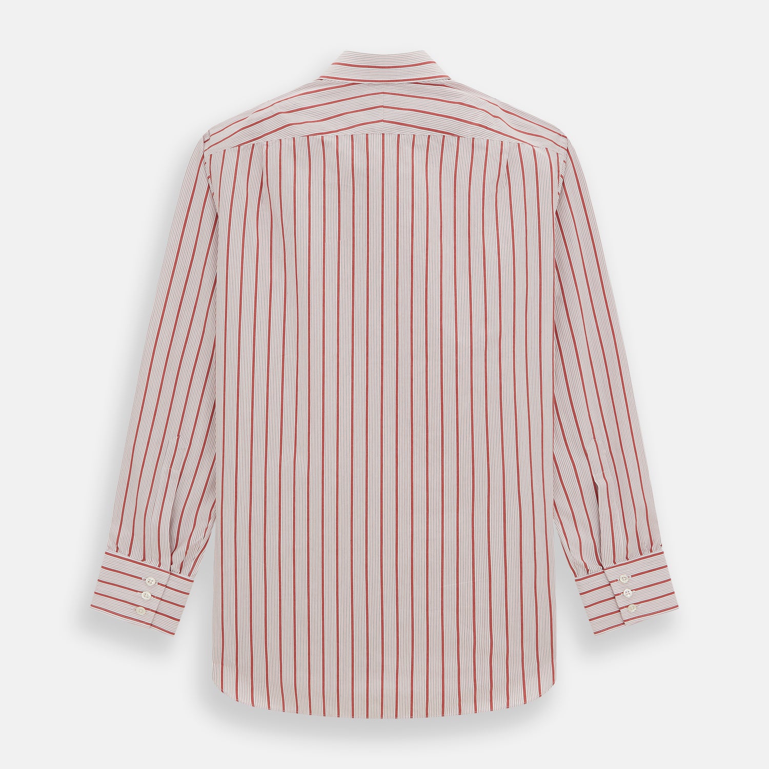 View 5 of product The Red Multi Track Stripe Mayfair Shirt by Turnbull & Asser is a long-sleeved, collared button-up featuring vertical red stripes on white and horizontal red stripes on the cuffs.