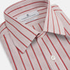 View 2 of product The Red Multi Track Stripe Mayfair Shirt by Turnbull & Asser is a long-sleeved, collared button-up featuring vertical red stripes on white and horizontal red stripes on the cuffs.