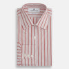 View 4 of product The Red Multi Track Stripe Mayfair Shirt by Turnbull & Asser is a long-sleeved, collared button-up featuring vertical red stripes on white and horizontal red stripes on the cuffs.
