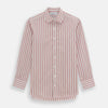 View 1 of product The Red Multi Track Stripe Mayfair Shirt by Turnbull & Asser is a long-sleeved, collared button-up featuring vertical red stripes on white and horizontal red stripes on the cuffs.