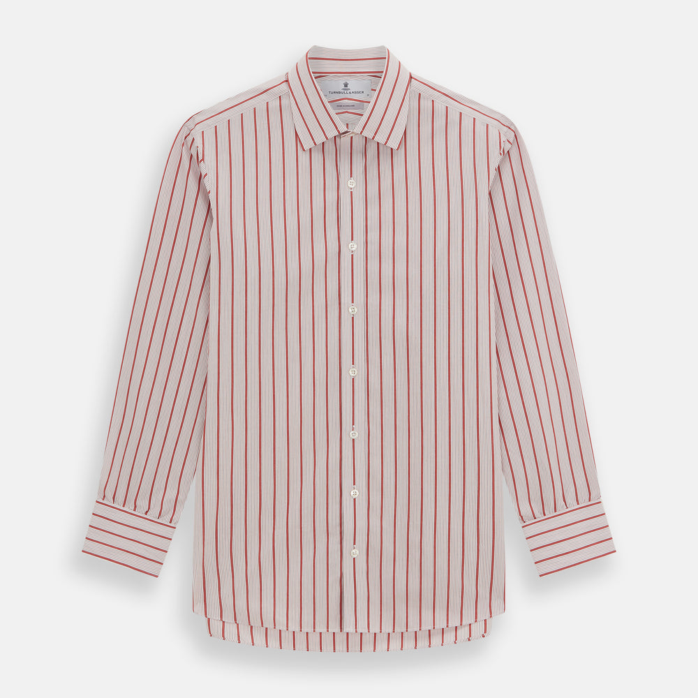 The Red Multi Track Stripe Mayfair Shirt by Turnbull & Asser is a long-sleeved, collared button-up featuring vertical red stripes on white and horizontal red stripes on the cuffs.