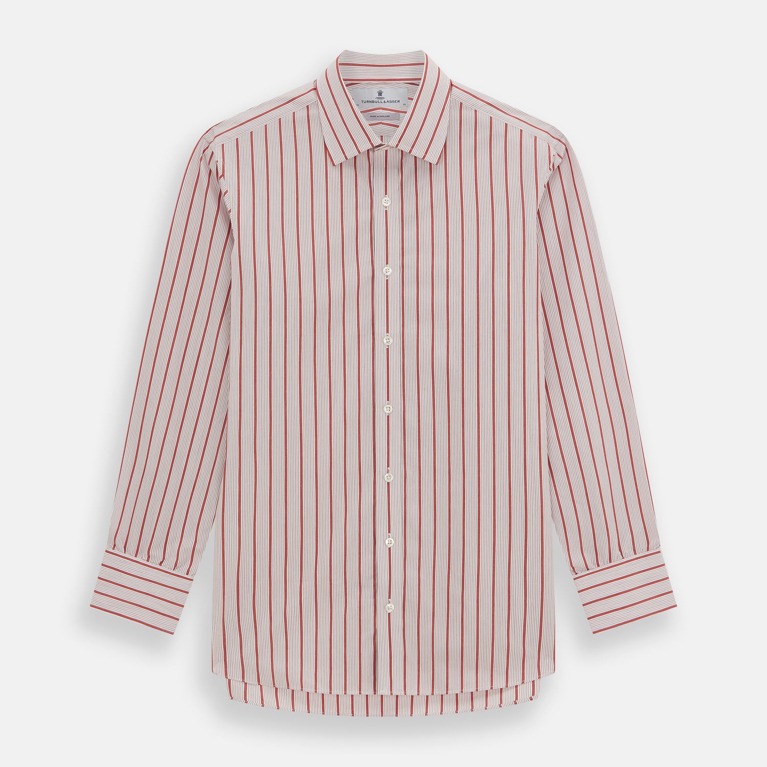 View 1 of product The Red Multi Track Stripe Mayfair Shirt by Turnbull & Asser is a long-sleeved, collared button-up featuring vertical red stripes on white and horizontal red stripes on the cuffs.