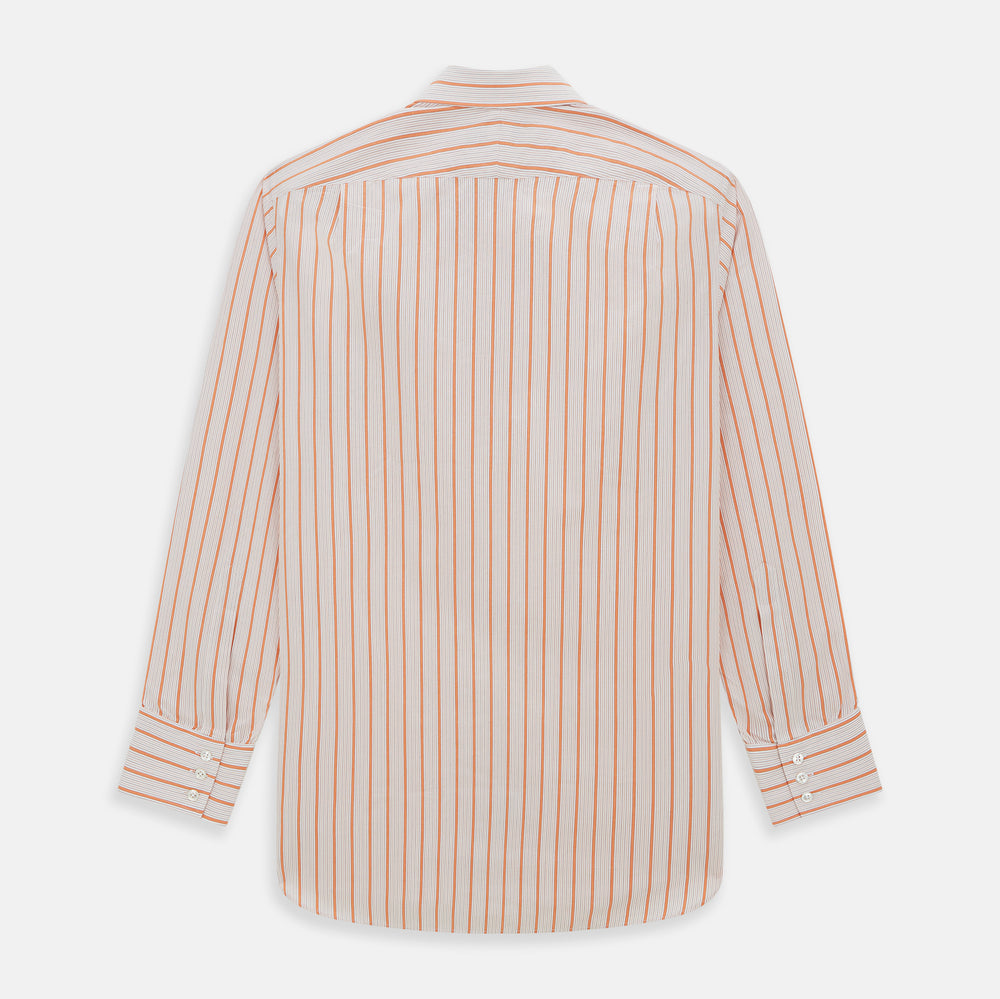 The Orange Graph Overlay Check Mayfair Shirt by Turnbull & Asser is a long-sleeved organic cotton button-up with orange and white stripes, a collar, and wide cuffs—ideal for elevating your wardrobe. Shown against a white background.
