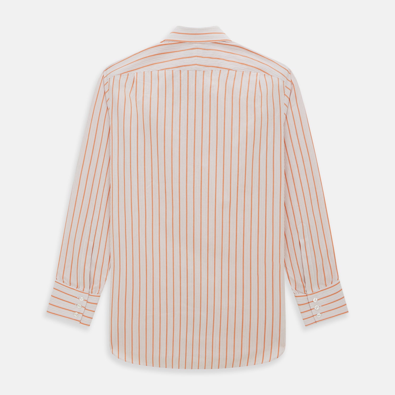View 6 of product The Orange Graph Overlay Check Mayfair Shirt by Turnbull & Asser is a long-sleeved organic cotton button-up with orange and white stripes, a collar, and wide cuffs—ideal for elevating your wardrobe. Shown against a white background.