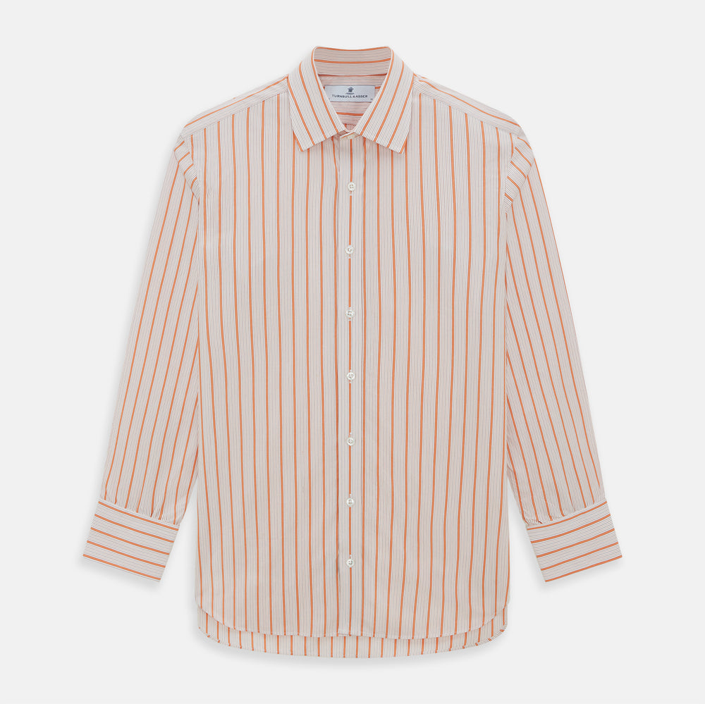 The Orange Graph Overlay Check Mayfair Shirt by Turnbull & Asser is a long-sleeved organic cotton button-up with orange and white stripes, a collar, and wide cuffs—ideal for elevating your wardrobe. Shown against a white background.