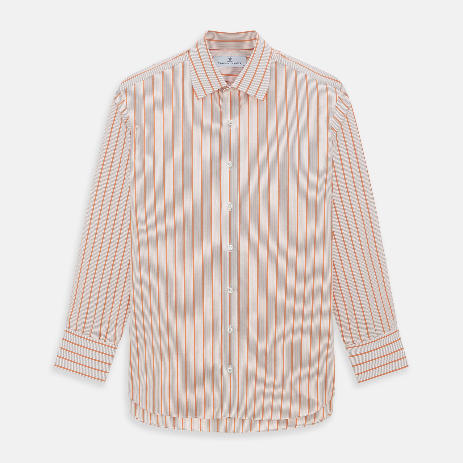 View 1 of product The Orange Graph Overlay Check Mayfair Shirt by Turnbull & Asser is a long-sleeved organic cotton button-up with orange and white stripes, a collar, and wide cuffs—ideal for elevating your wardrobe. Shown against a white background.