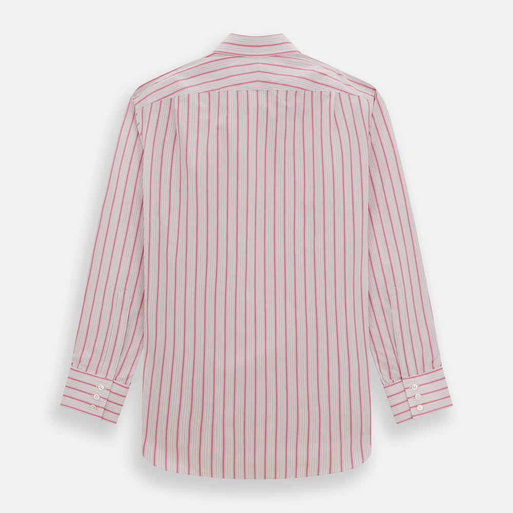 The Turnbull & Asser Pink Multi Track Stripe Mayfair Shirt features long sleeves, a button-down front, classic collar, and buttoned cuffs with red and pink stripes on white, neatly displayed on a light background.