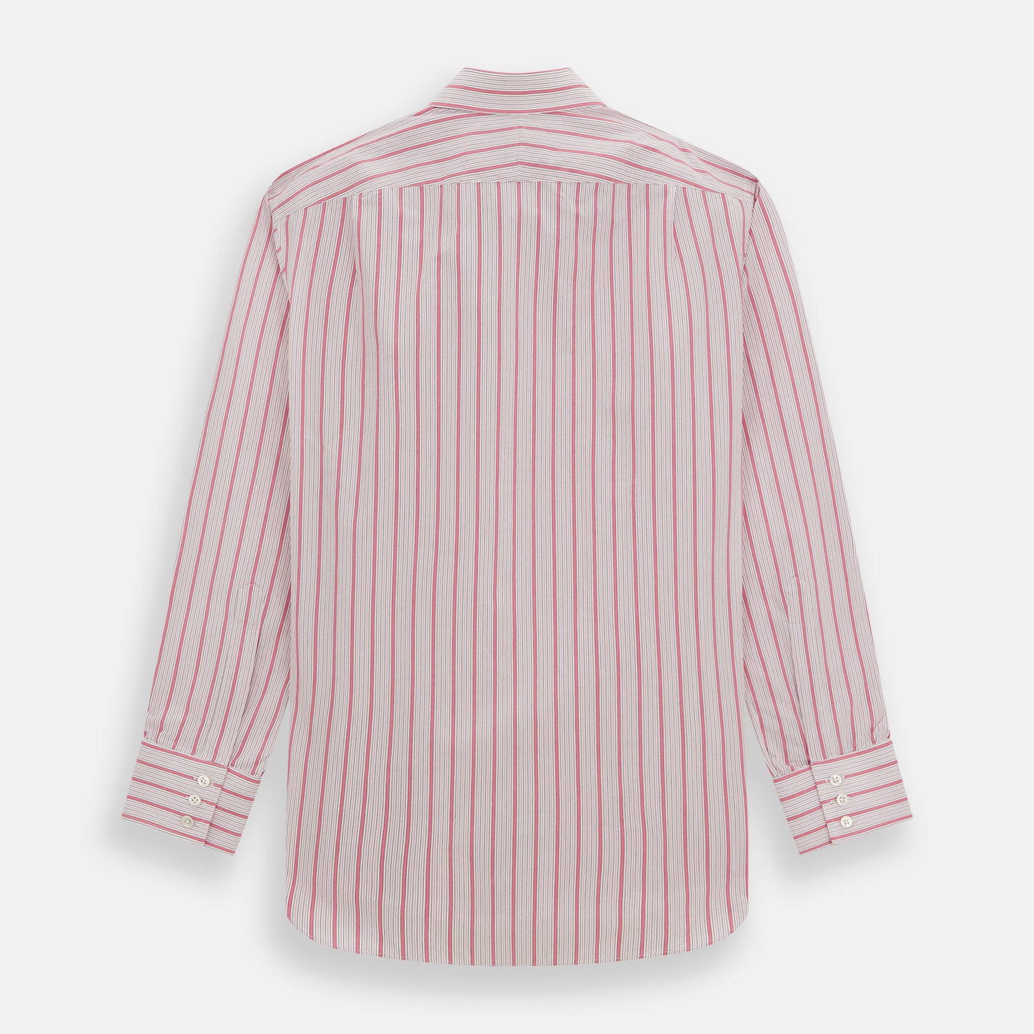 View 5 of product The Turnbull & Asser Pink Multi Track Stripe Mayfair Shirt features long sleeves, a button-down front, classic collar, and buttoned cuffs with red and pink stripes on white, neatly displayed on a light background.